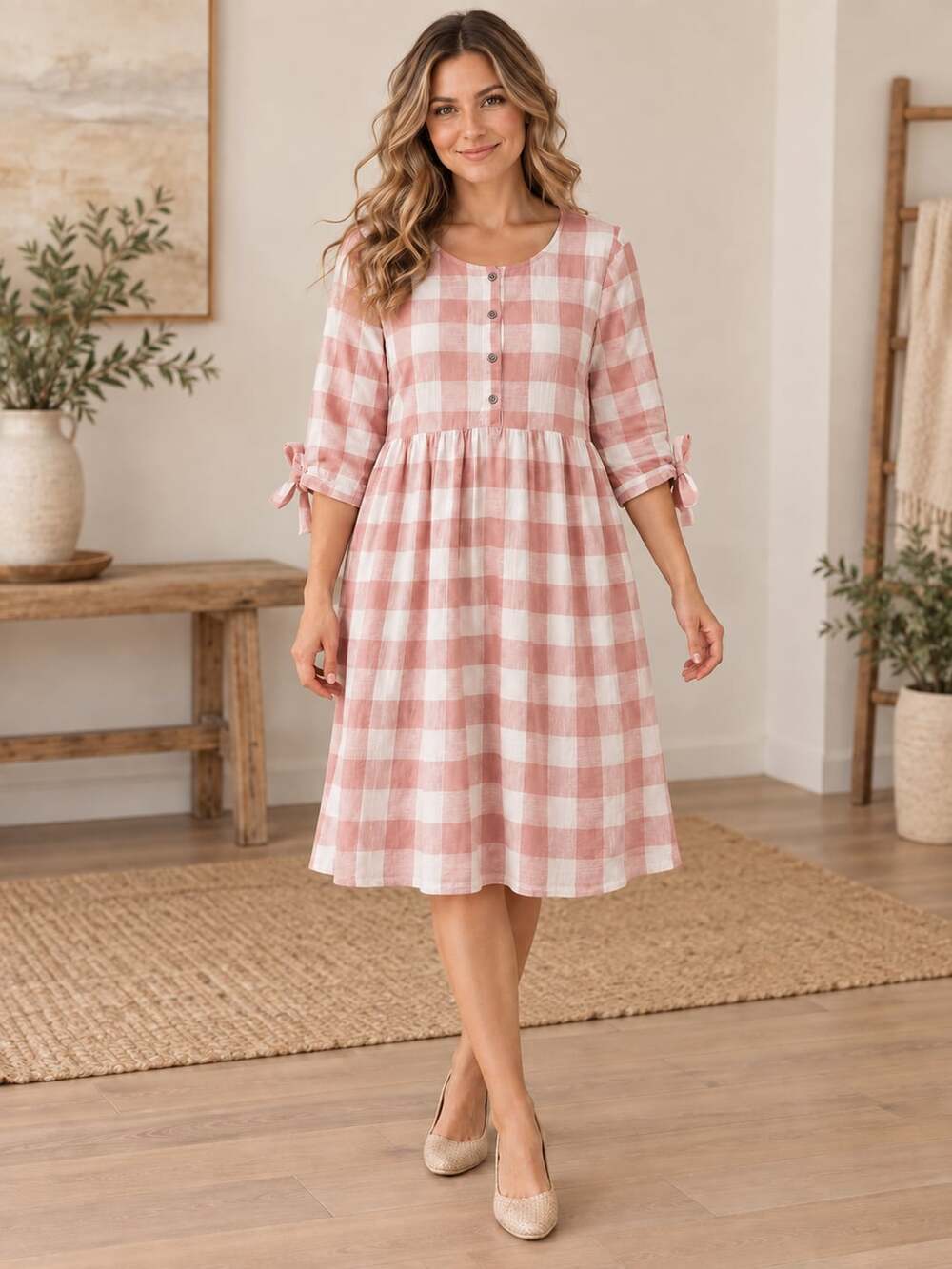 Hidden Alley Gingham A-Line Dress Pink White Button Front Tie Sleeve S